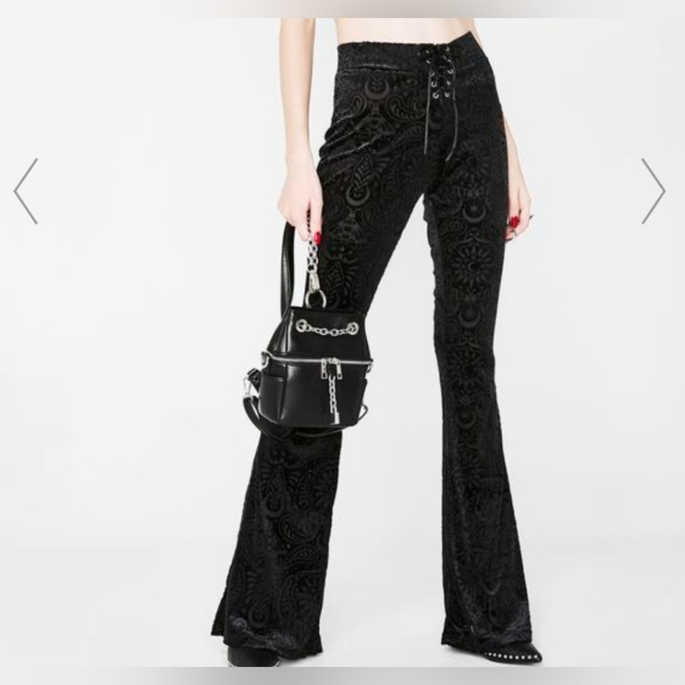 Killstar Black Velvet Embossed Lace-Up Boot Cut Pants